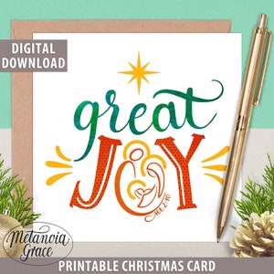 Printable Religious Christmas Card, Nativity Christmas Cards, Great Joy Christmas, Jesus Mary Joseph Christmas, digital download, pdf file