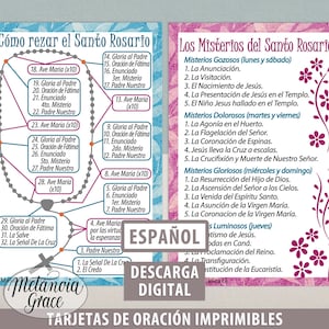 Hiszpańskie karty modlitewne różańca, drukowany przewodnik po różańcu świętym, jak odmawiać różaniec, misterios del rosario, rosario guia, cyfrowe pobieranie pdf