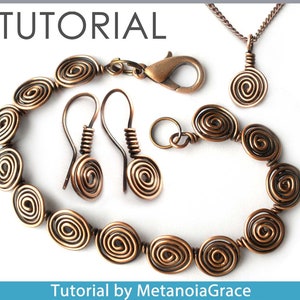 May include: A copper wire jewellery set with a necklace, bracelet, and earrings. Each piece features a spiral design.