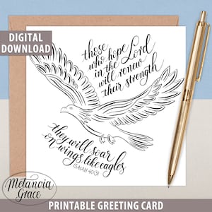 Könnte beinhalten: Druckbare Grußkarte mit einer Schwarzweißillustration eines sich erhebenden Adlers mit dem Text "Die auf den Herrn hoffen, werden neue Kraft empfangen; sie werden mit Flügeln wie Adlern emporsteigen. Jesaja 40,31"