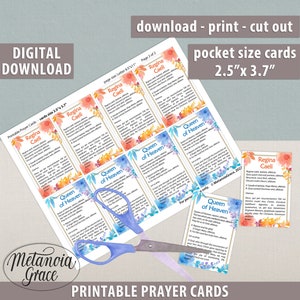 May include: Printable prayer cards featuring watercolor floral designs. The cards are 2.5 inches by 3.7 inches and include the text "Regina Caeli" and "Queen of Heaven".