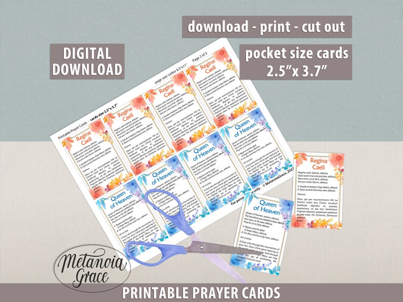 May include: Printable prayer cards featuring watercolor floral designs. The cards are 2.5 inches by 3.7 inches and include the text "Regina Caeli" and "Queen of Heaven".