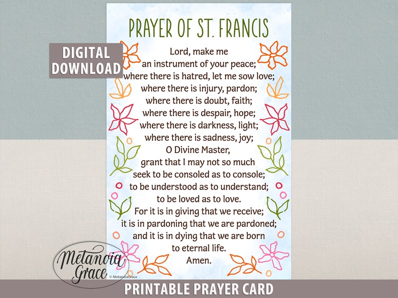 Prayer of St Francis Printable Card, Peace Prayer of Saint Francis ...