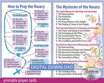 Tarjetas de Oración del Rosario Imprimibles, Diagrama del Santo Rosario, Rosario de Nuestra Señora, Cómo rezar el Rosario, Misterios del Rosario, Descarga Digital pdf