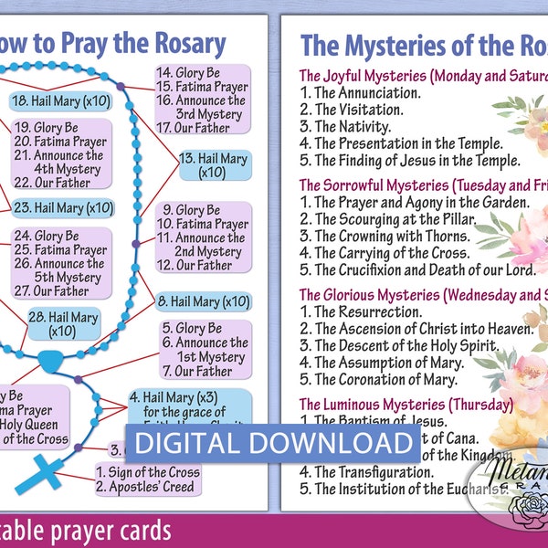 Printable Rosary Prayer Cards, Holy Rosary Diagram, Our Lady Rosary, How to pray the Rosary, Mysteries of the Rosary, Digital Download pdf