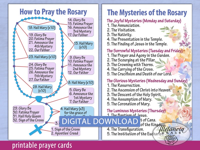 Printable Rosary Prayer Cards Holy Rosary Diagram Our Lady Etsy