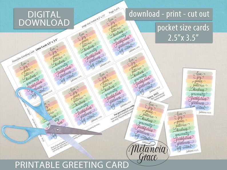 Puede incluir: Tarjetas de felicitaci&oacute;n imprimibles con un dise&ntilde;o de acuarela de arco&iacute;ris y las palabras "amor, alegr&iacute;a, paz, paciencia, bondad, generosidad, fidelidad, gentileza, autocontrol" en escritura negra. Las tarjetas miden 2,5 pulgadas por 3,5 pulgadas y forman parte de una descarga digital.