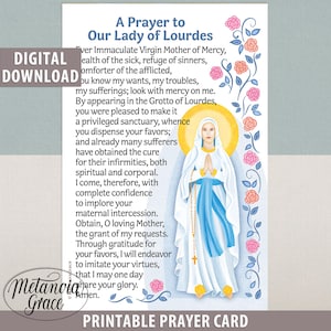 Immagine di preghiera della Madonna di Lourdes, preghiera stampabile per la guarigione, grotta della Vergine Maria di Lourdes, preghiera per la salute, preghiera di guarigione, download digitale