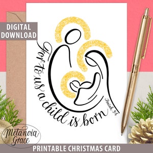Druckbare Krippen-Weihnachtskarte, Für uns ist ein Kind geboren, Jesaja 9: 6, religiöse Weihnachtskarte, Bibelvers Krippe, digitale Datei