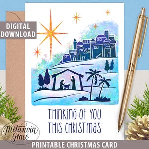 Tarjeta de Navidad imprimible de la Natividad, Pensando en ti esta Navidad, Tarjeta de Belén, Tarjeta de la Sagrada Familia, Niño Jesús en el pesebre, Descarga digital