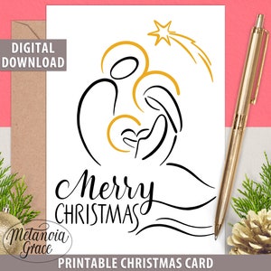 Carte de Noël imprimable Nativité, carte de Noël moderne minimaliste, carte de correspondance de Noël religieuse, joyeux Noël, téléchargement numérique, pdf