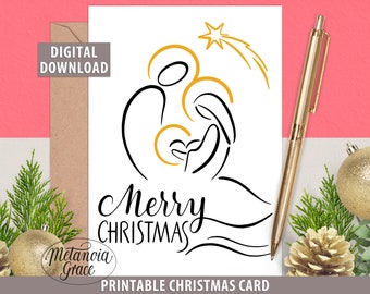 Printable Nativity Christmas Card, Minimalistic Modern Christmas Card, Religious Christmas Note Card, Merry Christmas, digital download, pdf