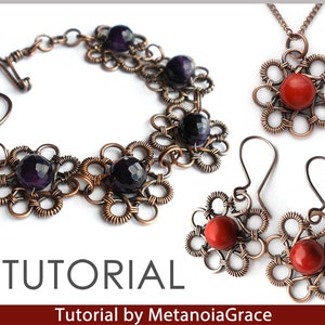 May include: A copper wire jewellery set with a bracelet, necklace, and earrings. The bracelet and necklace feature purple gemstones, while the earrings feature red gemstones. The jewellery is made with a wire wrapped technique.