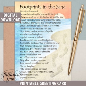 Footsteps in the sand card, Printable Footprints in the sand note card, Printable Christian Note Card, Footsteps card, Digital Download pdf