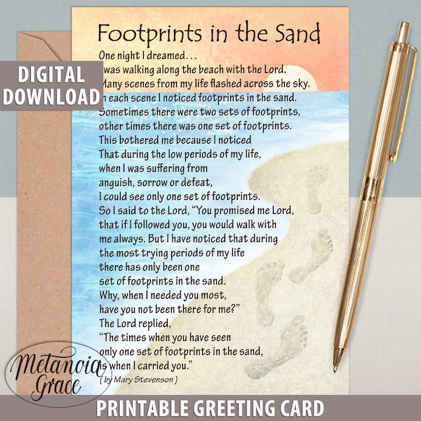 Footsteps in the sand card, Printable Footprints in the sand note card, Printable Christian Note Card, Footsteps card, Digital Download pdf