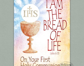 Printable First Holy Communion Card, On Your First Communion Religious Note Card, I Am The Bread Of Life, Bible verse, Digital Download, Pdf