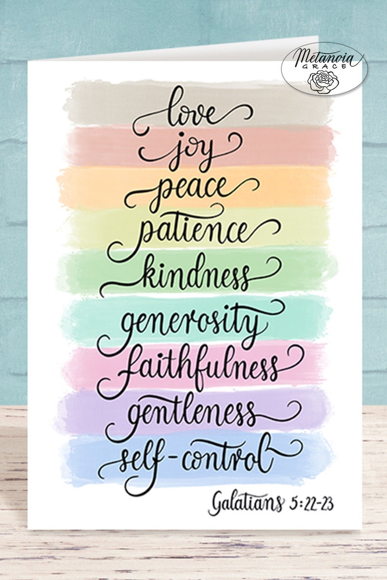 Puede incluir: Un fondo de acuarela colorido con las palabras "love, joy, peace, patience, kindness, generosity, faithfulness, gentleness, self-control" escritas en cursiva negra. El texto "Galatians 5:22-23" est&aacute; escrito en negro en la parte inferior de la imagen.