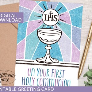 Catholic First Communion Printable Note Card, Holy Communion Card ...