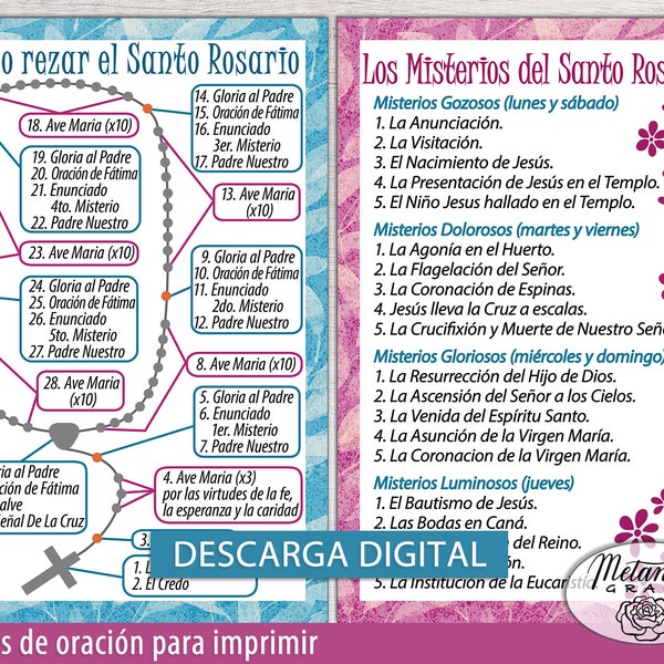 Spanish Rosary Prayer Cards, Printable Holy Rosary Guide, How to pray the Rosary, misterios del rosario, rosario guia, Digital Download pdf