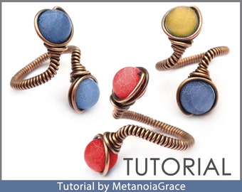 Zelfstudie draadsieraden, zelfstudie ringen met kralen, zelfstudie draadwikkelen, zelfstudie kralenring, draadringpatroon, zelfstudie verstelbare ring