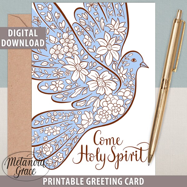 Come Holy Spirit Note Card, Printable Confirmation Card, Pentecost Note Card, Pentecost Artwork, Dove Illlustration,  Digital Download pdf