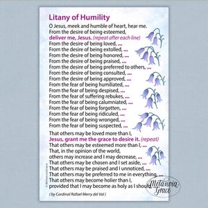 May include: A printed card featuring the "Litany of Humility" prayer. The text is in black on a white background, with blue floral illustrations. This religious card is suitable for prayer and meditation, and is a spiritual item.