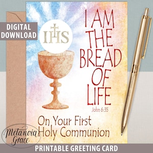 Druckbare Karte zur Kommunion, Auf Deiner Erstkommunion Karte, Ich bin das Brot des Lebens, Bibel Vers, digitaler Download, Pdf