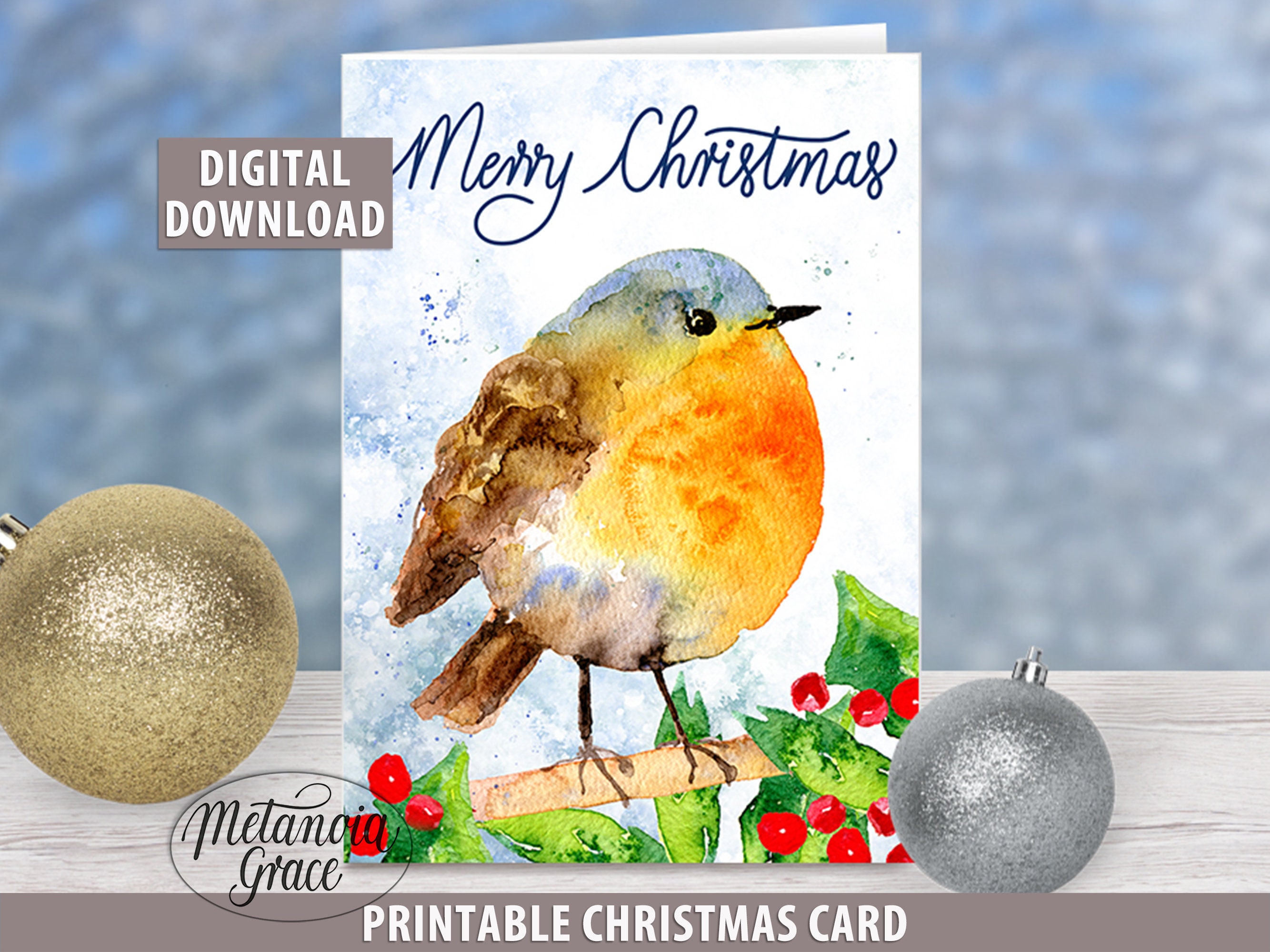 Red Robin Card, Printable Merry Christmas Card, Christmas Robin Card ...
