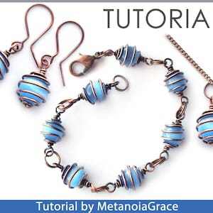 May include: A tutorial for making a copper wire wrapped jewelry set with light blue beads. The set includes a necklace, bracelet, and earrings.