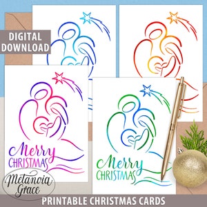 Tarjetas de Navidad cristianas imprimibles conjunto de 4, Tarjetas de Navidad religiosas, Tarjetas de Navidad de Natividad, Navidad de la Sagrada Familia, descarga digital