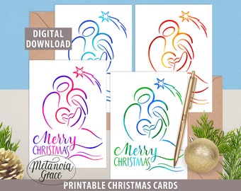 Druckbare Christliche Weihnachtskarten 4er Set, Religiöse Weihnachtskarten, Krippenweihnachtskarten, Heilige Familie Weihnachten, digitaler Download