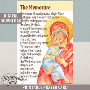 Oración del Acordaos, Tarjeta de oración imprimible, Acuérdate, Oh Graciosísima Virgen María, Intercesión de la Santísima Virgen María, Descarga digital, PDF