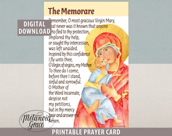 Memorare Prayer, Printable Prayer Card, Remember O Most Gracious Virgin Mary, Intercession of Blessed Virgin Mary, Digital Download, pdf