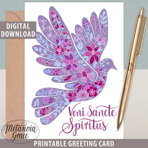 Veni Sancte Spiritus Note Card, Pentecost Latin Holy Spirit, Printable Confirmation Card, Latin Card, Dove Artwork, Digital Download pdf