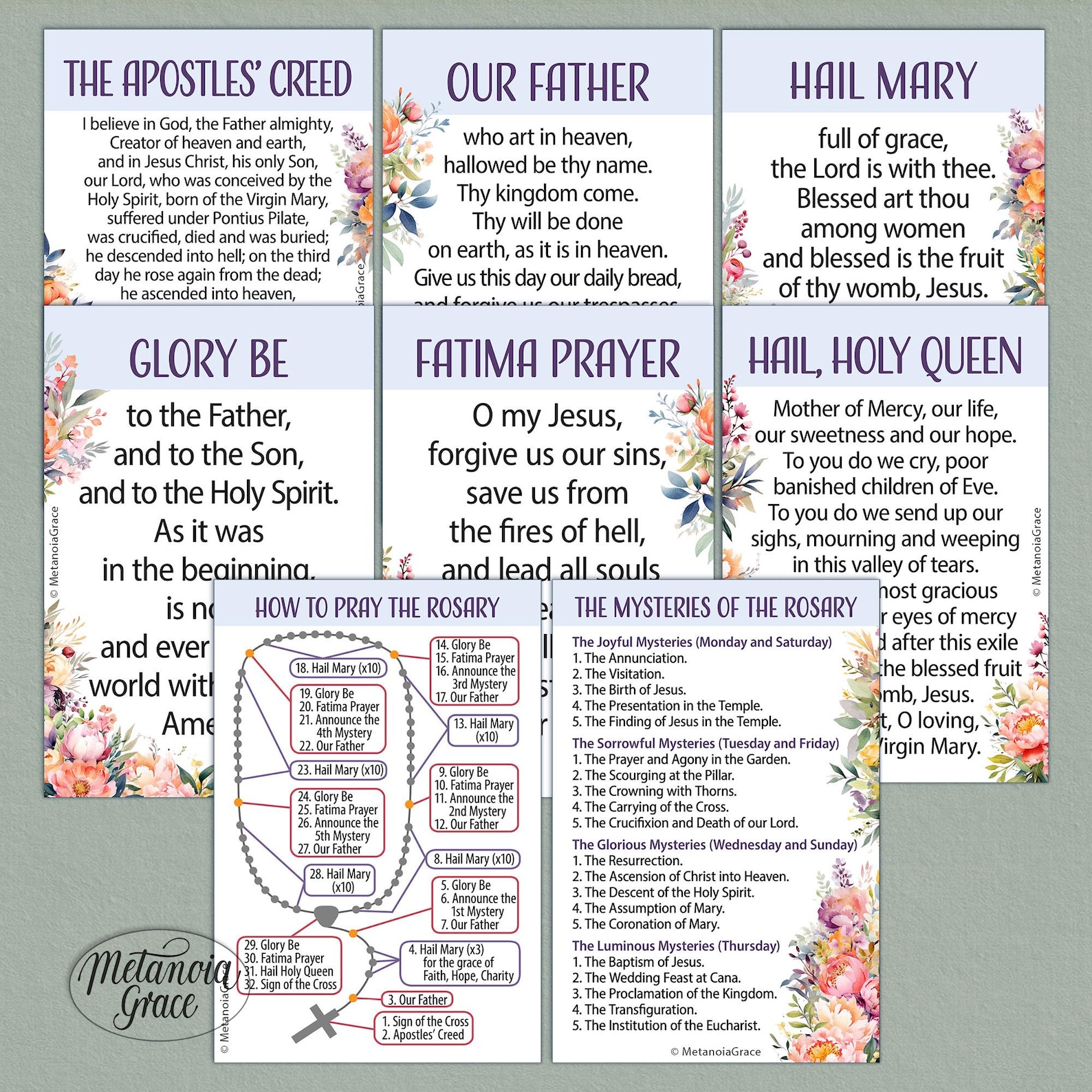 Printable Catholic Rosary Prayer Cards Set, How to Pray the Rosary ...