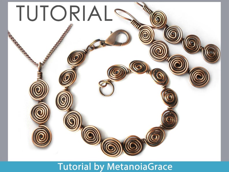 May include: A copper wire jewellery set with a necklace, bracelet, and earrings. The jewellery features a spiral design. The text "Tutorial by MetanoiaGrace" is at the bottom of the image.