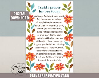 I said a prayer for you today, Printable prayer card for a friend, I said a prayer printable card gift, prayer for you, Digital Download pdf