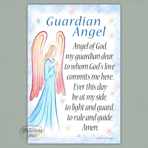 May include: A watercolour illustration of a guardian angel with the text "Guardian Angel" and a prayer. The angel is depicted in a flowing blue gown with pink and yellow wings, surrounded by stars.