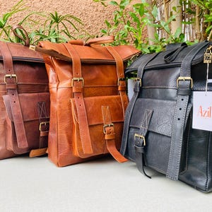 Handmade Leather Roll Top Backpack | Vintage Brown Travel Rucksack | Moroccan Full Grain Leather Bag by Azil | Laptop Bag for Men & Women