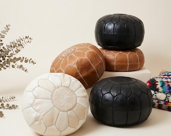 Handcrafted   Leather Pouf Ottoman – Moroccan Floor Cushion, Genuine Leather Footstool, Boho Home Decor