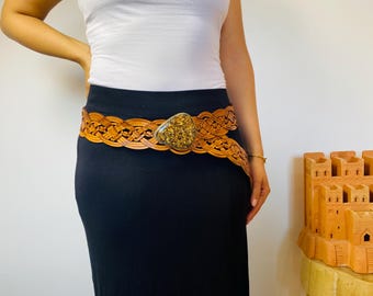 Handmade Brown Leather Boho Belt with Brass & Horn Inlay