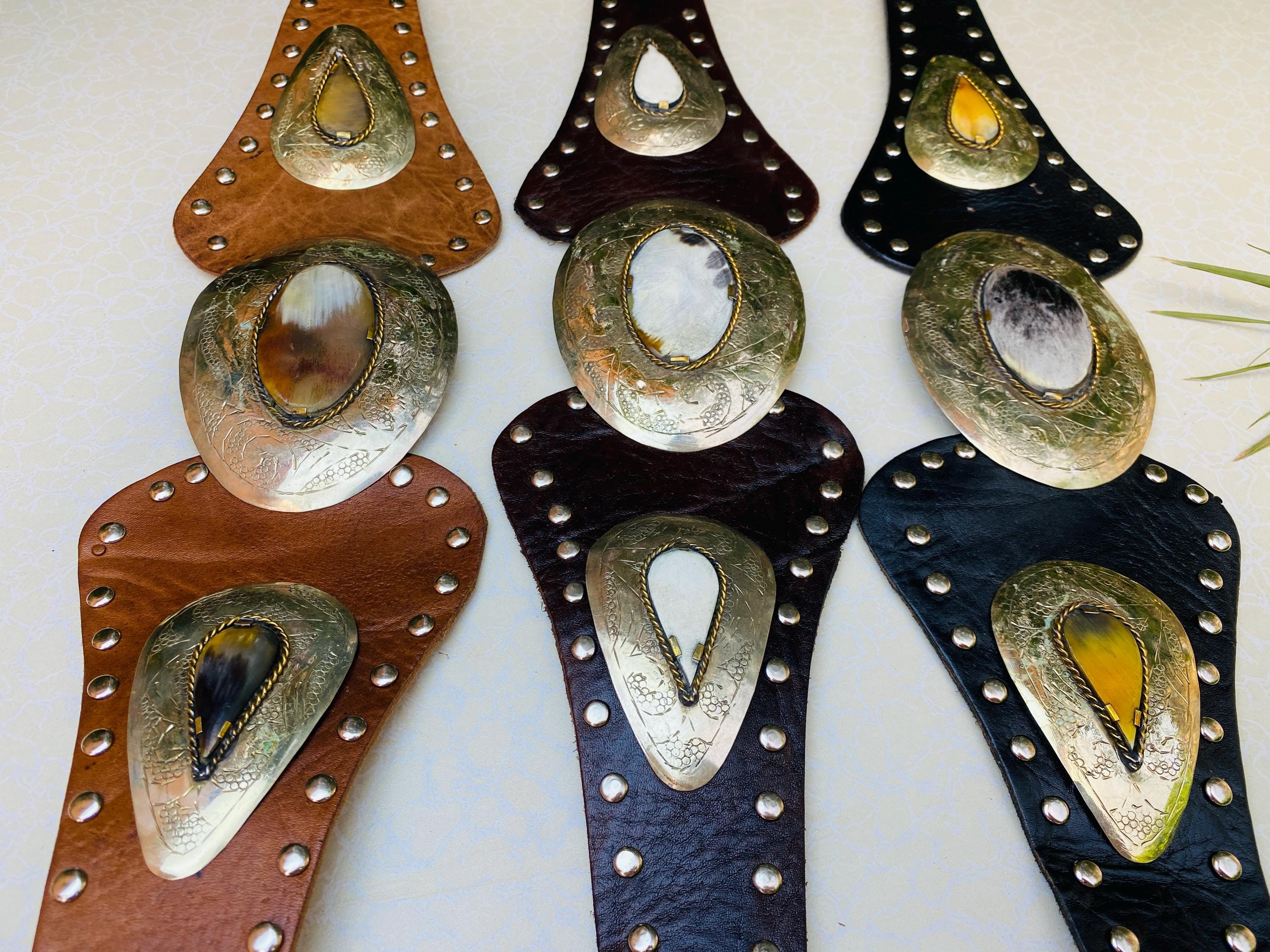 Black Artisan Leather Belt: Moroccan Brass & Horn Inlay  display picture 2
