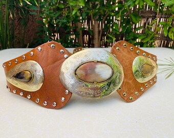 Handmade Boho Leather Belt: Moroccan Brass & Horn Inlay