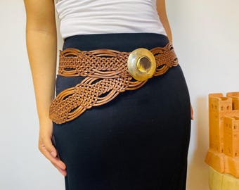 Handmade Brown Leather Boho Belt with Brass & Horn Inlay