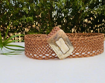 Handmade Brown Leather Boho Belt: Brass & Horn Inlay, Moroccan Style