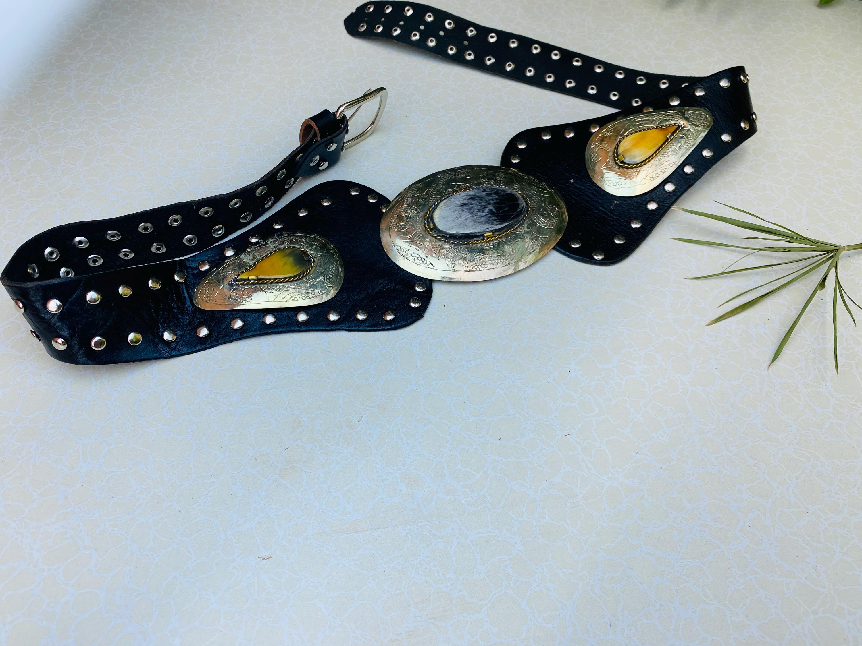 MOROCCAN Style Faux Leather Belt Black and Copper O/S Vintage Brown Moroccan Style Hips Belt Black Vegan Leather  main image 2