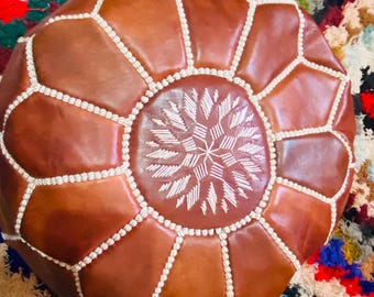 Handcrafted Brown Leather Pouf Ottoman – Moroccan Floor Cushion, Genuine Leather Footstool, Boho Home Decor