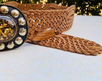 Handmade Brown Leather Boho Belt with Brass & Horn Inlay