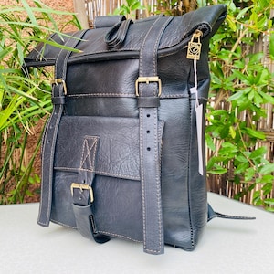Handmade Moroccan Leather Roll Top Backpack | Full Grain Laptop Rucksack | Vintage Travel Bag for Men & Women by Azil
