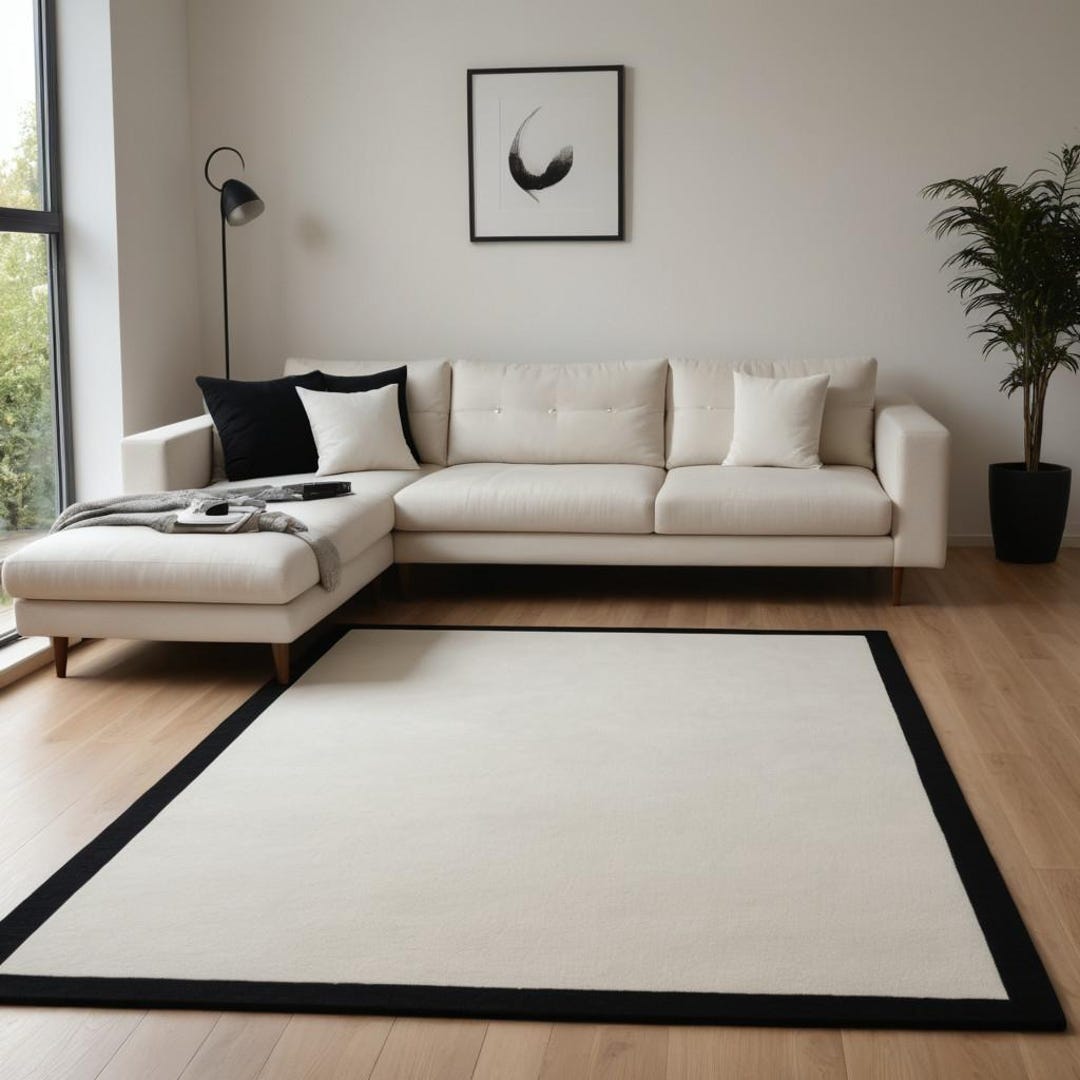 Minimalist Black Border Wool Rug, Hand Tufted Scandinavian Area Carpet ...